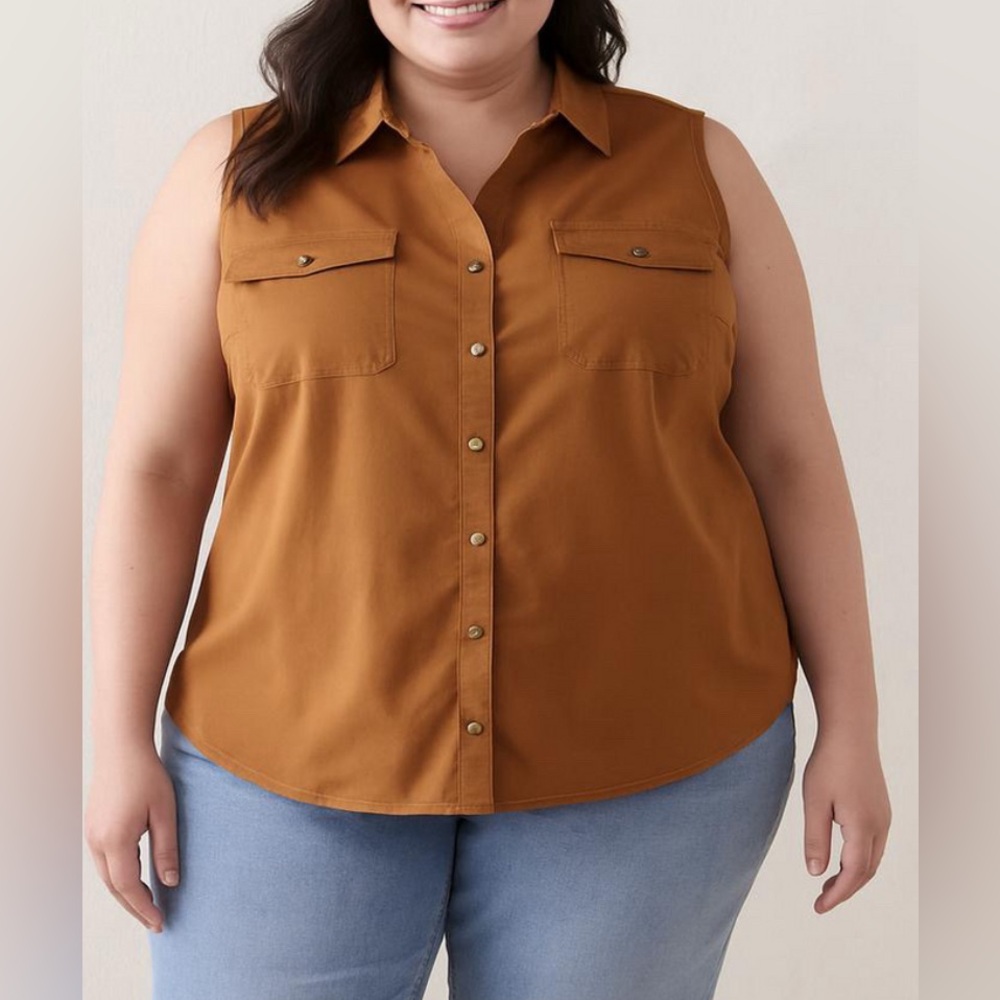 LuLaRoe Sleeveless Button-Down Shirt in Tan